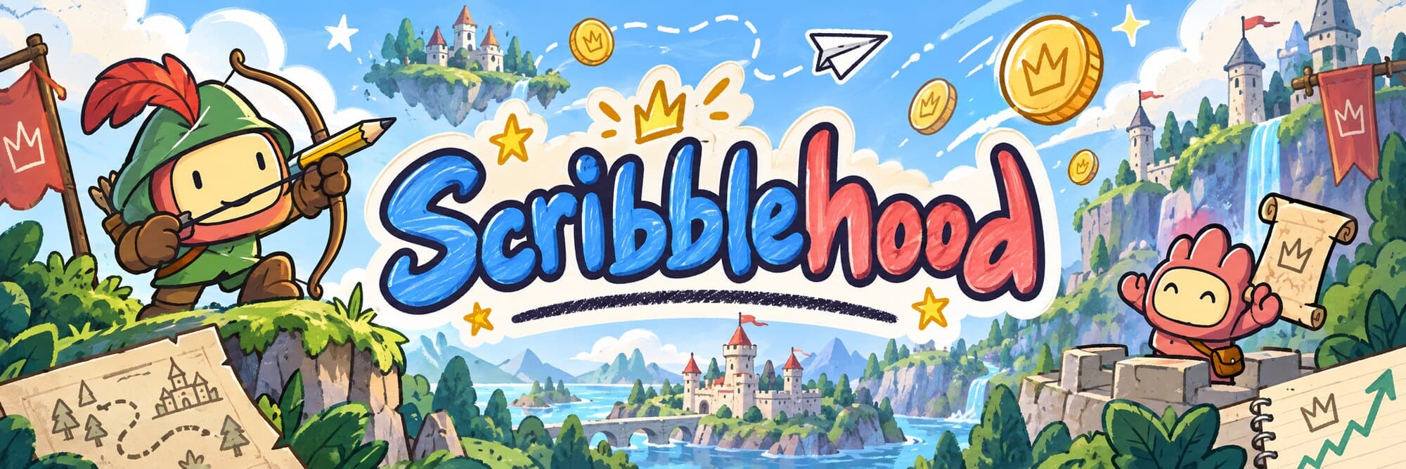 Scribblehood: a Robin Hood character with a pencil bow, a castle valley, and the wordmark